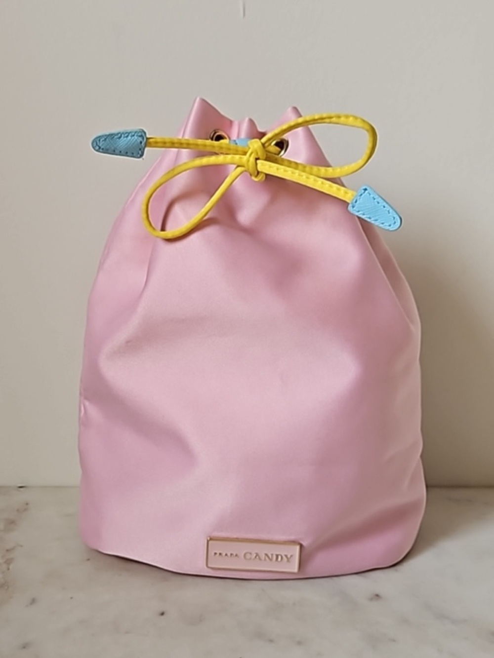 Prada Candy Pink Drawstring Pouch Bucket Bag Blue Pink Yellow Accents
